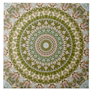 Olive Green and Pastel Mandala Pattern Tile