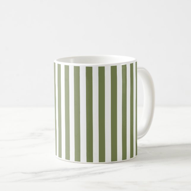 Olive green and white candy stripes coffee mug (Front Right)