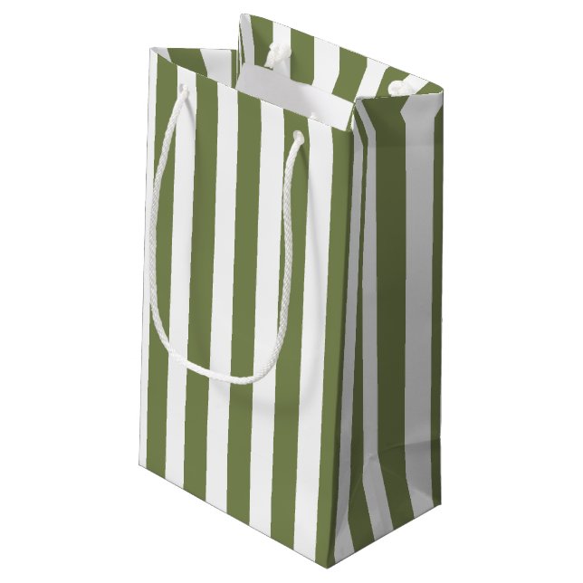 Olive green and white candy stripes small gift bag (Back Angled)
