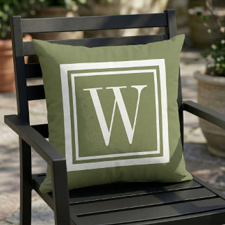 Olive Green and White Classic Square Monogram Cushion