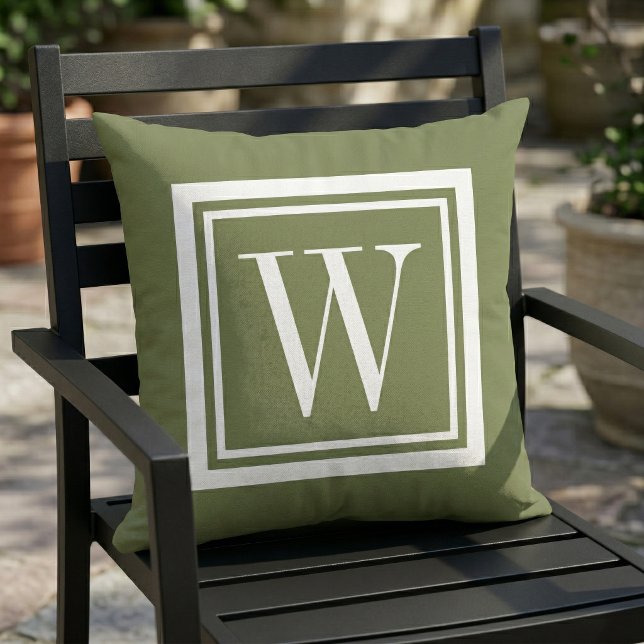 Olive Green and White Classic Square Monogram Cushion (Creator Uploaded)