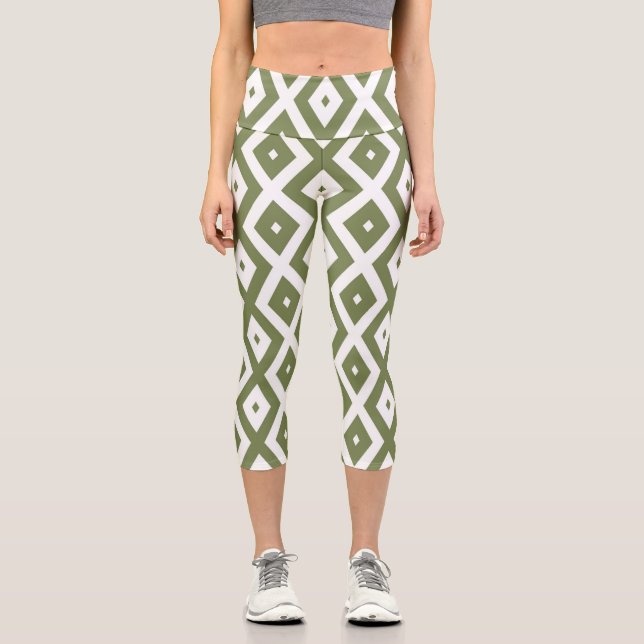 Olive green and white diamond pattern capri leggings (Front)