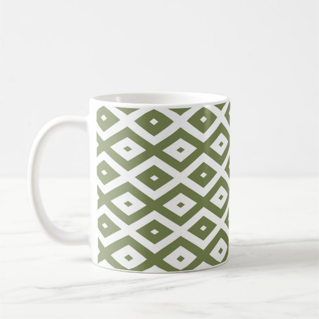 Olive green and white diamond pattern coffee mug (Left)