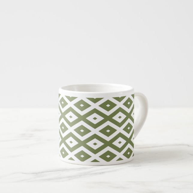 Olive green and white diamond pattern espresso cup (Front Right)