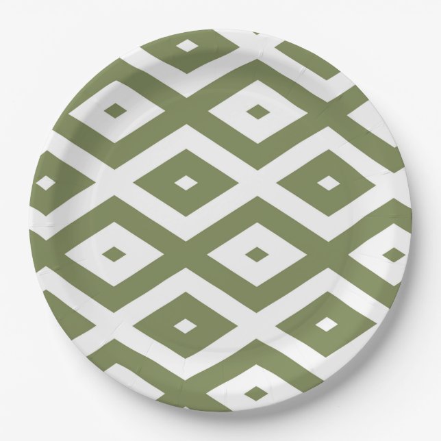 Olive green and white diamond pattern paper plate (Front)