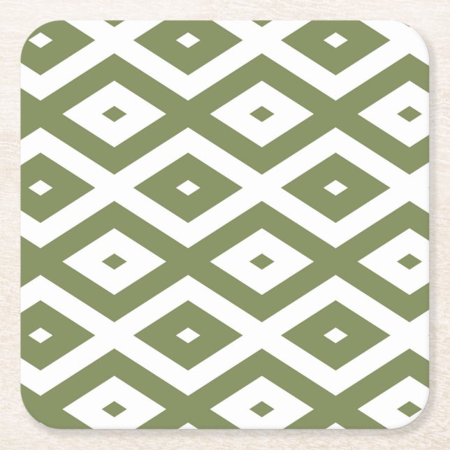 Olive green and white diamond pattern square paper coaster (Front)