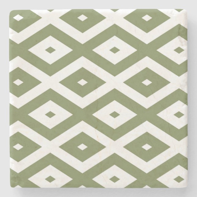 Olive green and white diamond pattern stone coaster (Front)