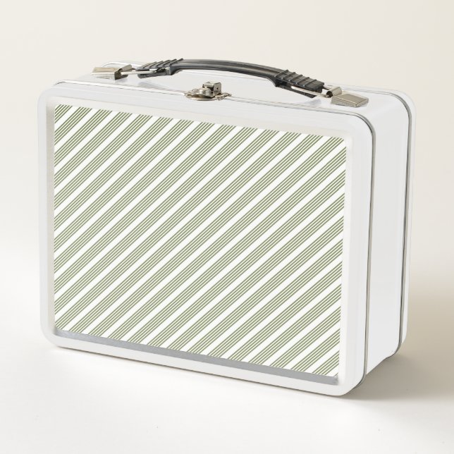 Olive green and white five stripe pattern metal lunch box (Front)