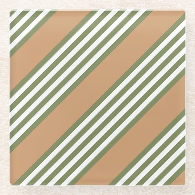 Olive green and white five stripe pattern with tan glass coaster (Front)