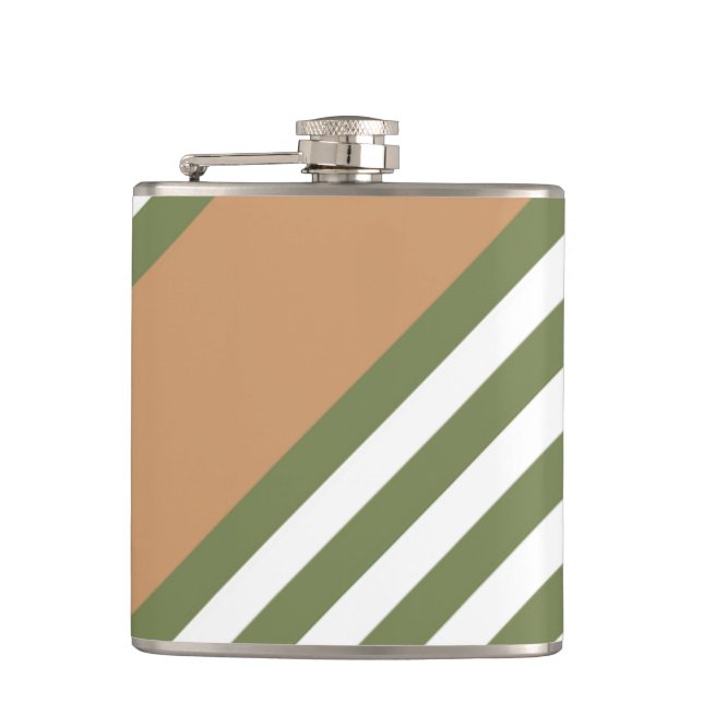 Olive green and white five stripe pattern with tan hip flask (Front)