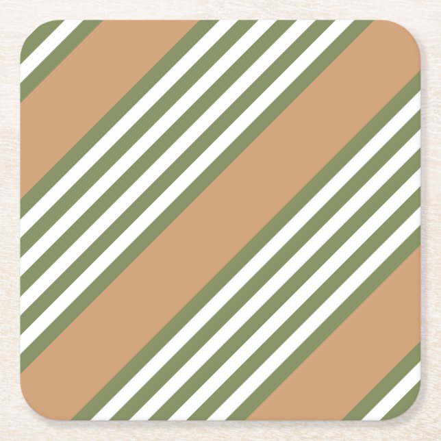 Olive green and white five stripe pattern with tan square paper coaster (Front)