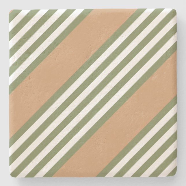 Olive green and white five stripe pattern with tan stone coaster (Front)