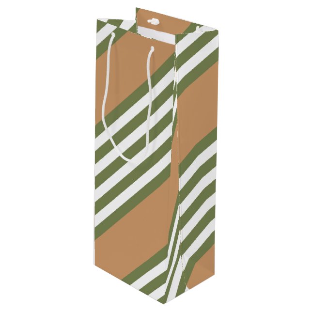 Olive green and white five stripe pattern with tan wine gift bag (Front Angled)