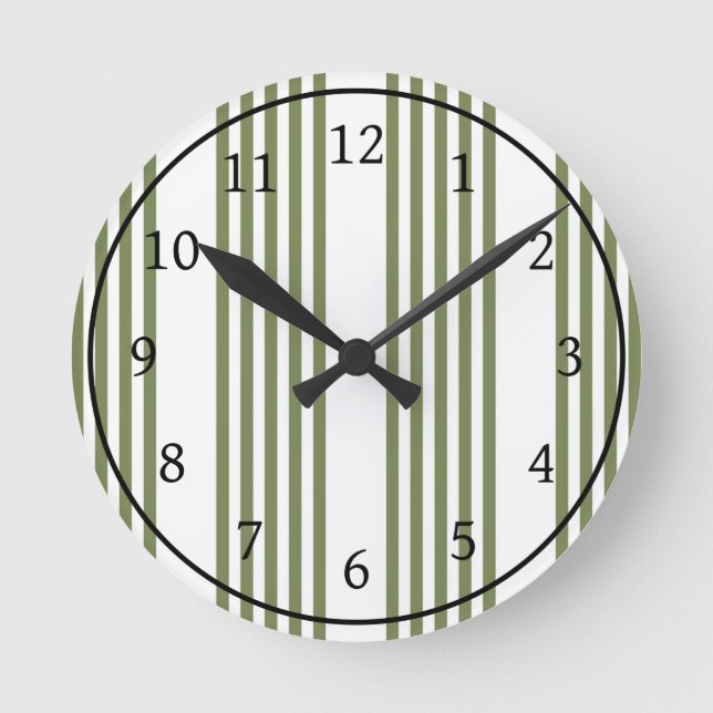 Olive green and white five stripes pattern round clock (Front)