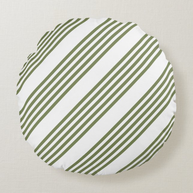 Olive green and white five stripes pattern round cushion (Front)