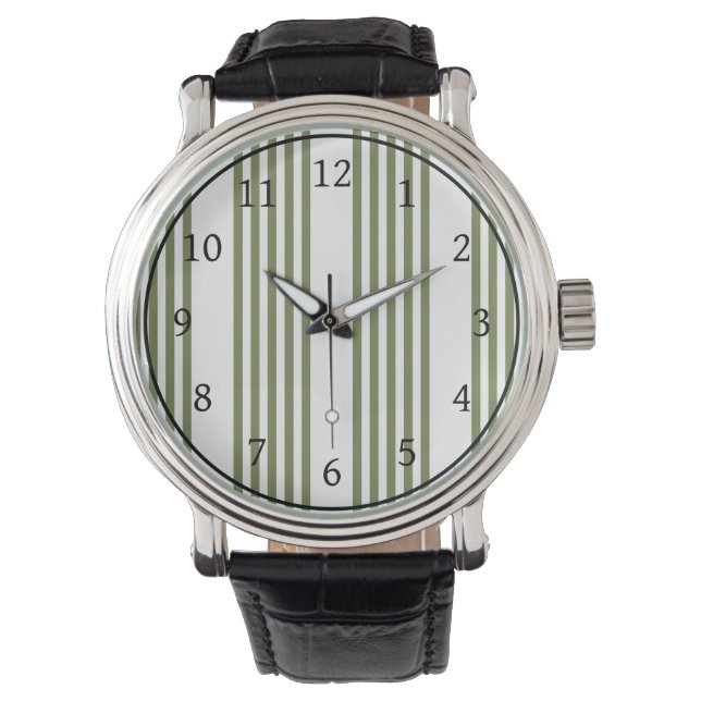 Olive green and white five stripes pattern watch (Front)