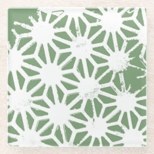 Olive green and white geometric pattern glass coaster