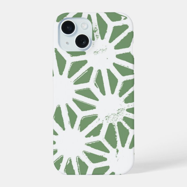 Olive green and white geometric pattern iPhone 15 case (Back)