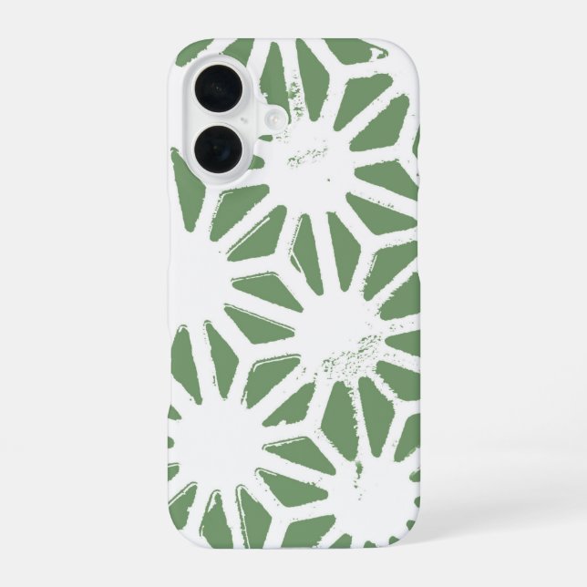 Olive green and white geometric pattern iPhone 16 case (Back)
