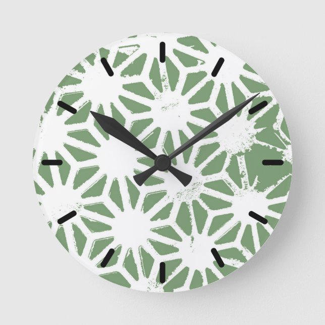 Olive green and white geometric pattern round clock (Front)