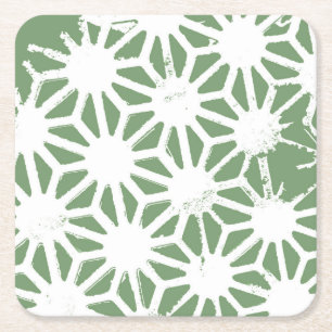 Olive green and white geometric pattern square paper coaster