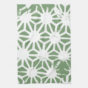 Olive green and white geometric pattern tea towel