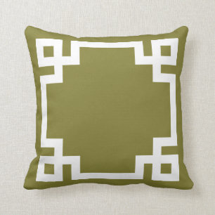 Olive Green and White Greek Key Border Cushion