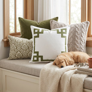 Olive Green and White Greek Key   Editable Colours Cushion