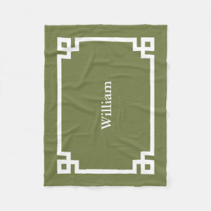 Olive Green and White Greek Key Monogram Fleece Blanket