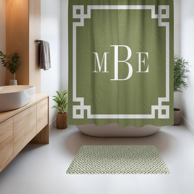 Olive Green and White Greek Key | Monogrammed Shower Curtain (Creator Uploaded)