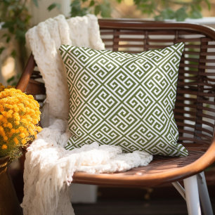 Olive Green and White Greek Key Pattern Cushion