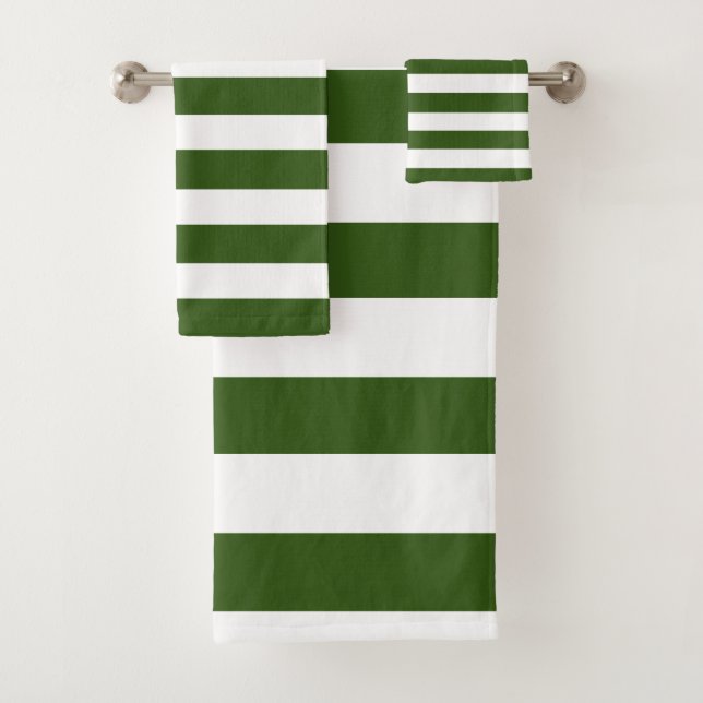 Olive Green and White Modern Stripes Striped  Bath Towel Set (Insitu)