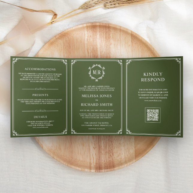 Olive Green and White Monogram QR Code Wedding Tri-Fold Invitation (Creator Uploaded)