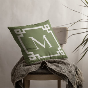 Olive Green and White Monogrammed Greek Key Border Cushion