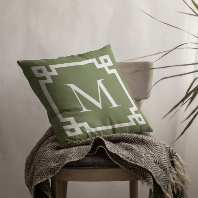 Olive Green and White Monogrammed Greek Key Border Cushion (Create your own monogrammed Greek Key border square throw pillow.)