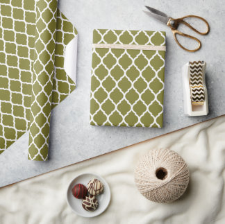 Olive Green and White Moroccan Quatrefoil Wrapping Paper
