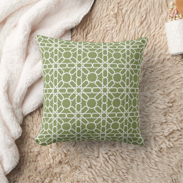 Olive Green and White Moroccan Zellige Pattern Cushion (Blanket)