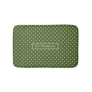 Olive Green And White Polka Dots With Name Bath Mat