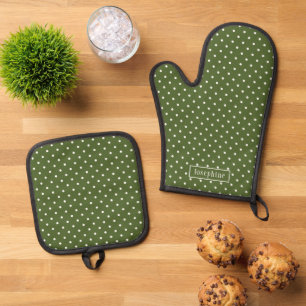 Olive Green And White Polka Dots With Name Oven Mitt & Pot Holder Set