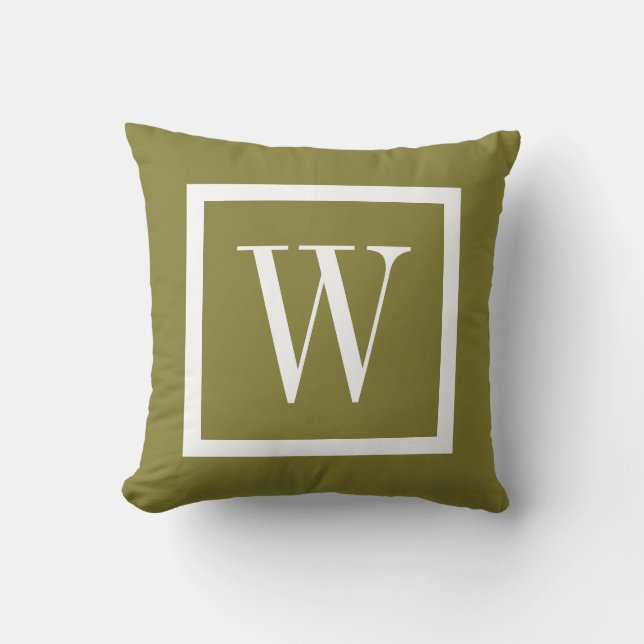 Olive Green and White Preppy Square Monogram Cushion (Front)