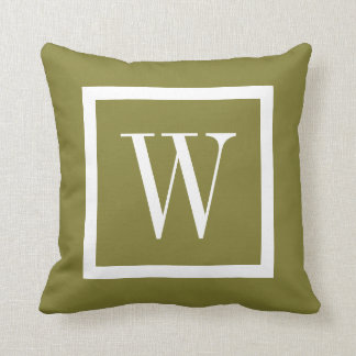 Olive Green and White Preppy Square Monogram Cushion