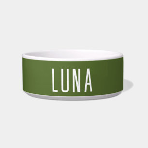 Olive Green and White Simple Elegant Name Cat Dog Bowl