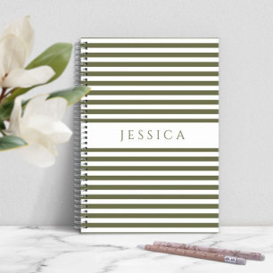 Olive Green And White Striped Pattern Name Notebook