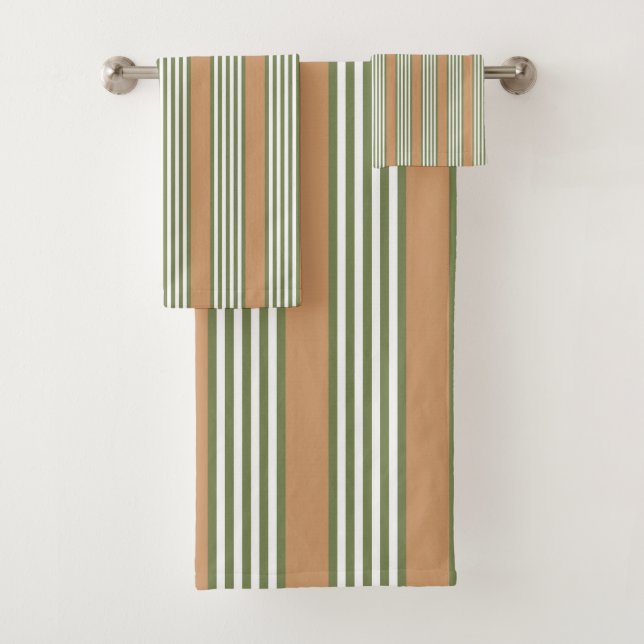 Olive green and white stripes pattern with tan bath towel set (Insitu)