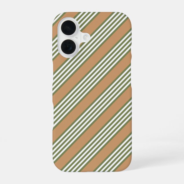 Olive green and white stripes pattern with tan iPhone 16 case (Back)