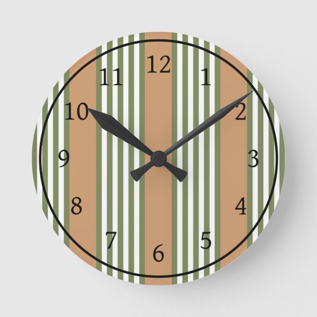 Olive green and white stripes pattern with tan round clock (Front)