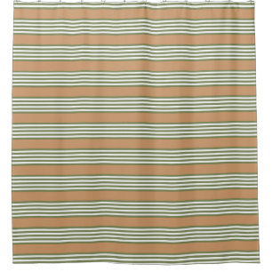 Olive green and white stripes pattern with tan shower curtain
