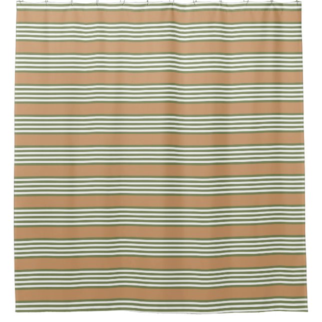 Olive green and white stripes pattern with tan shower curtain (Front)