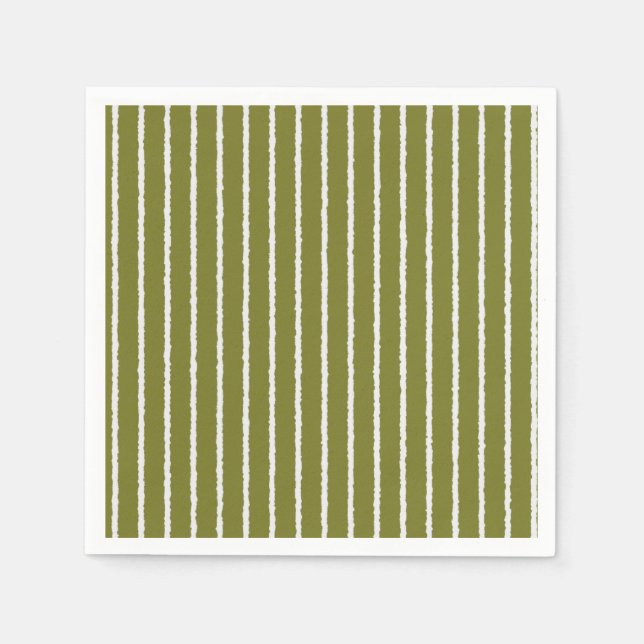 Olive Green and White Stripes with Uneven Lines Napkin (Front)
