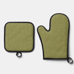 Olive Green and White Stripes with Uneven Lines Oven Mitt & Pot Holder Set